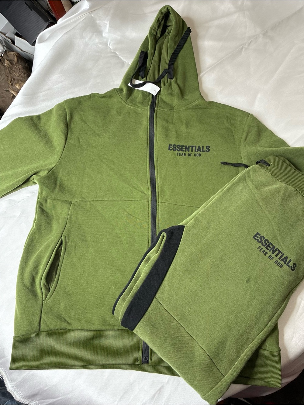 Essentials Olive Green Zip Hoodie & Joggers Set with Black Accents